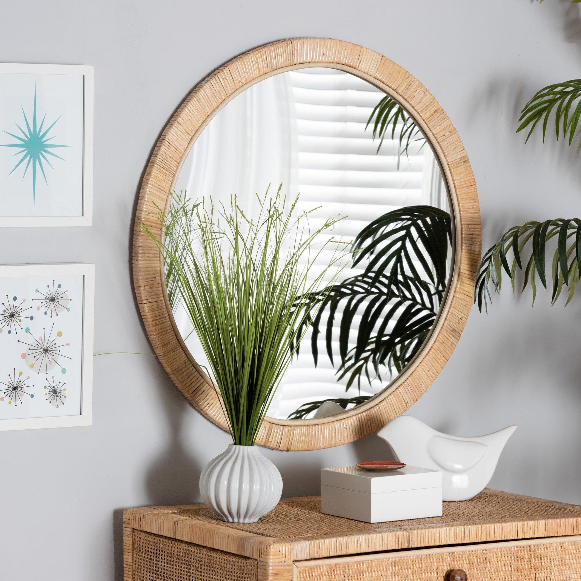 Bella Modern Bohemian Natural Brown Mahognay Wood and Natural Rattan Round Mirror FredCo