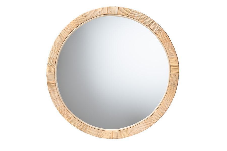 Bella Modern Bohemian Natural Brown Mahognay Wood and Natural Rattan Round Mirror FredCo