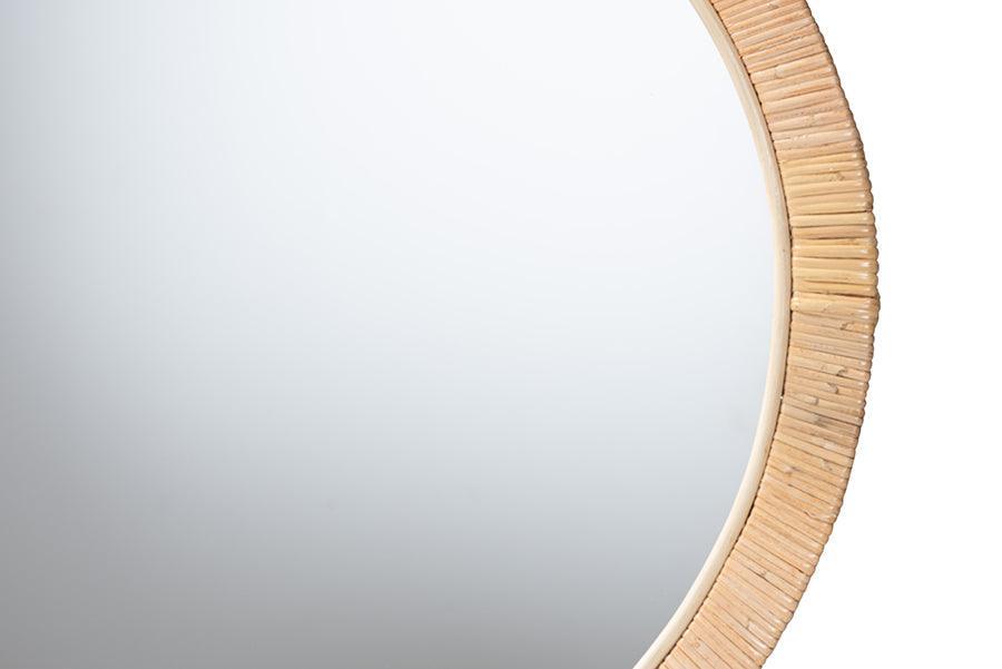Bella Modern Bohemian Natural Brown Mahognay Wood and Natural Rattan Round Mirror FredCo