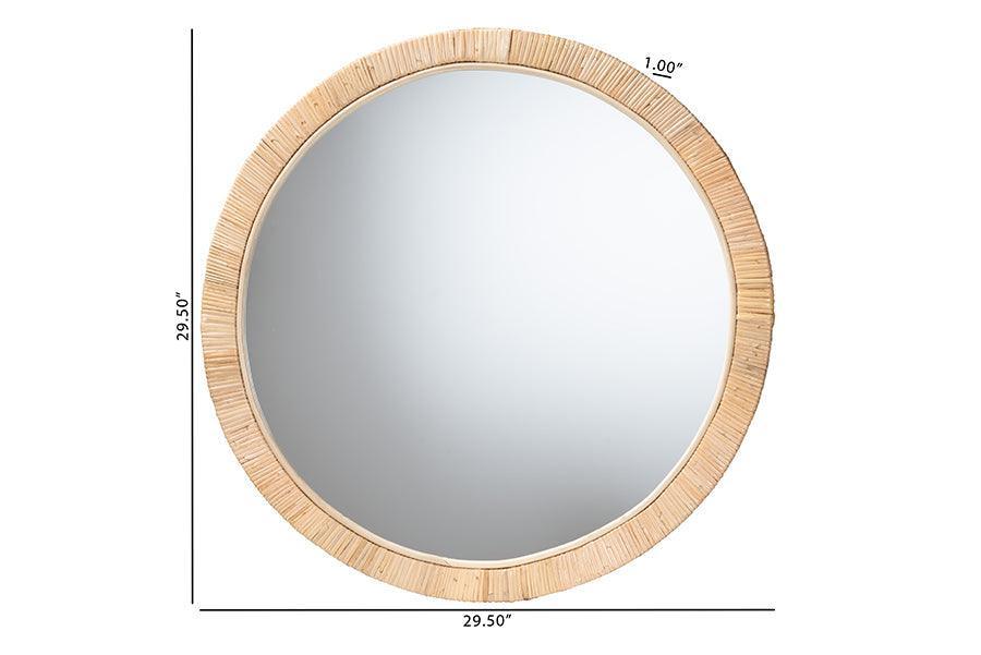 Bella Modern Bohemian Natural Brown Mahognay Wood and Natural Rattan Round Mirror FredCo