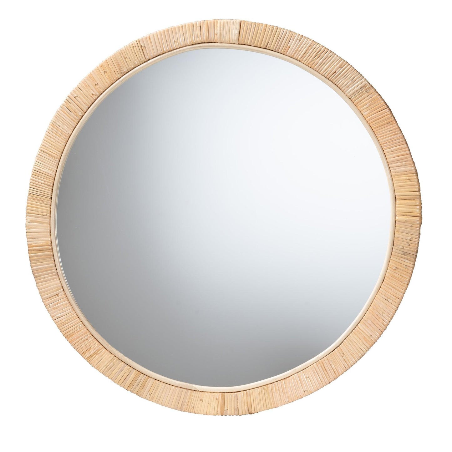 Bella Modern Bohemian Natural Brown Mahognay Wood and Natural Rattan Round Mirror FredCo