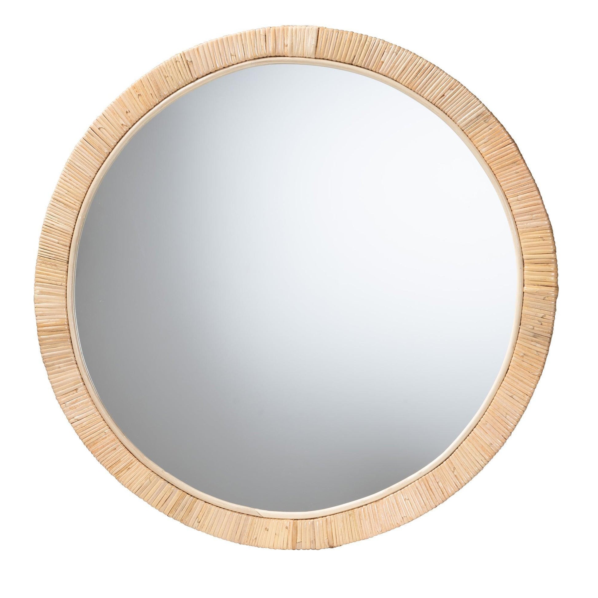 Bella Modern Bohemian Natural Brown Mahognay Wood and Natural Rattan Round Mirror FredCo