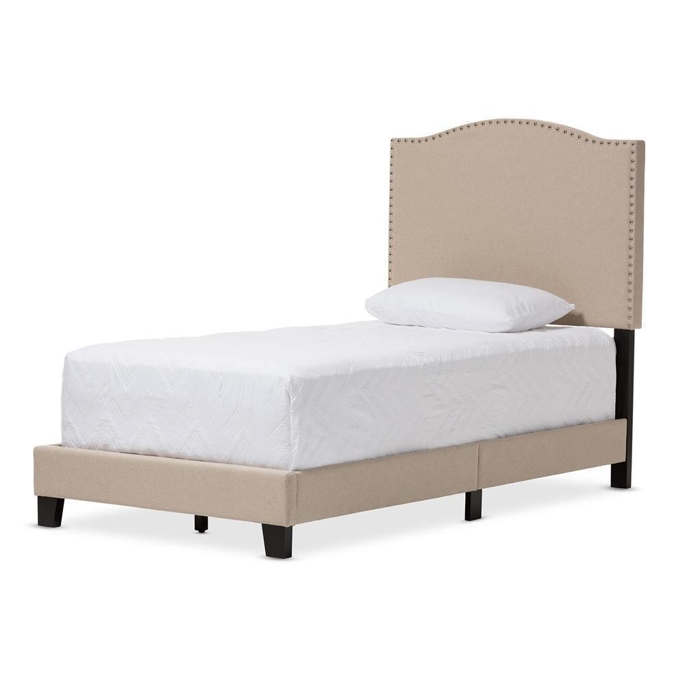Benjamin Modern and Contemporary Beige Linen Upholstered Twin Size Arched Bed with Nail Heads FredCo