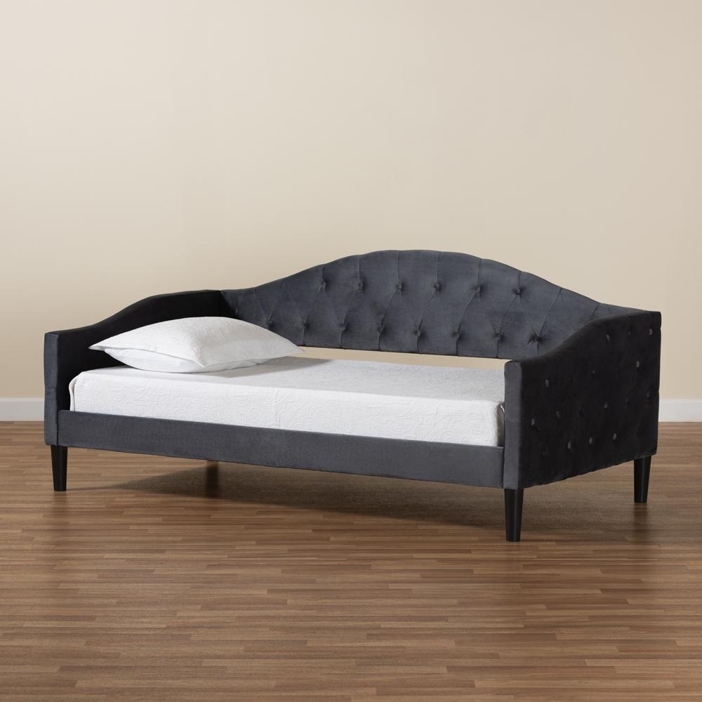 Benjamin Modern and Contemporary Grey Velvet Fabric Upholstered and Dark Brown Finished Wood Full Size Daybed FredCo