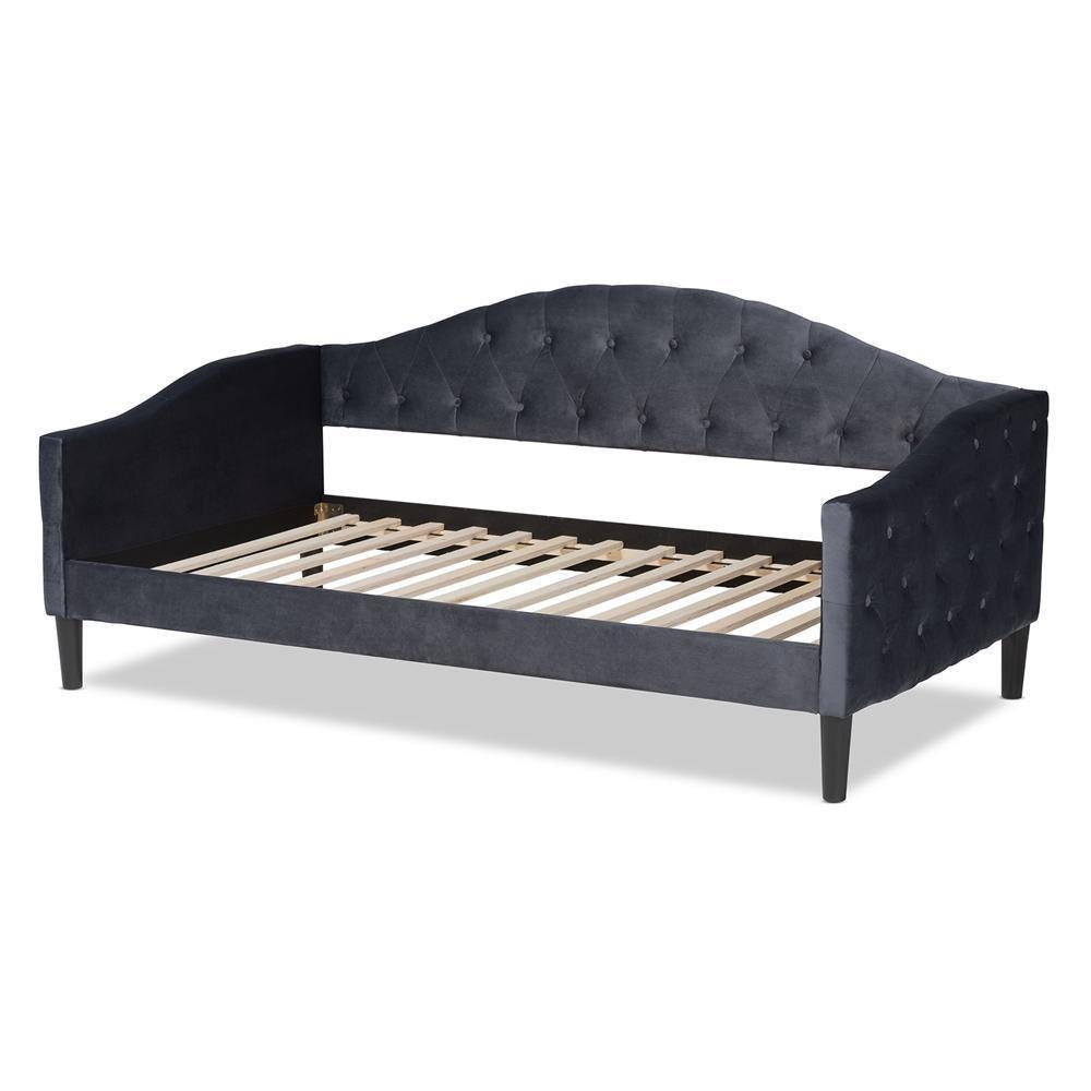 Benjamin Modern and Contemporary Grey Velvet Fabric Upholstered and Dark Brown Finished Wood Twin Size Daybed FredCo