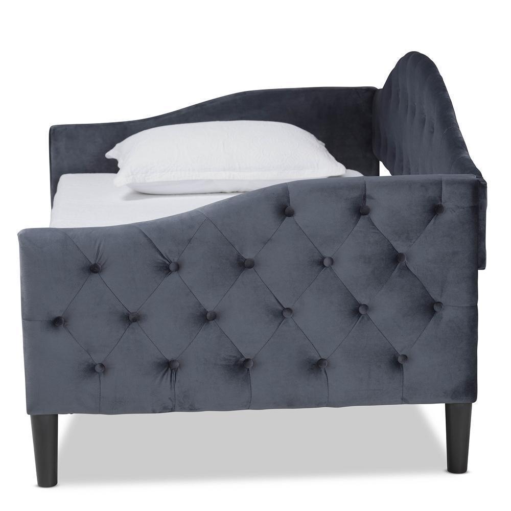 Benjamin Modern and Contemporary Grey Velvet Fabric Upholstered and Dark Brown Finished Wood Twin Size Daybed FredCo