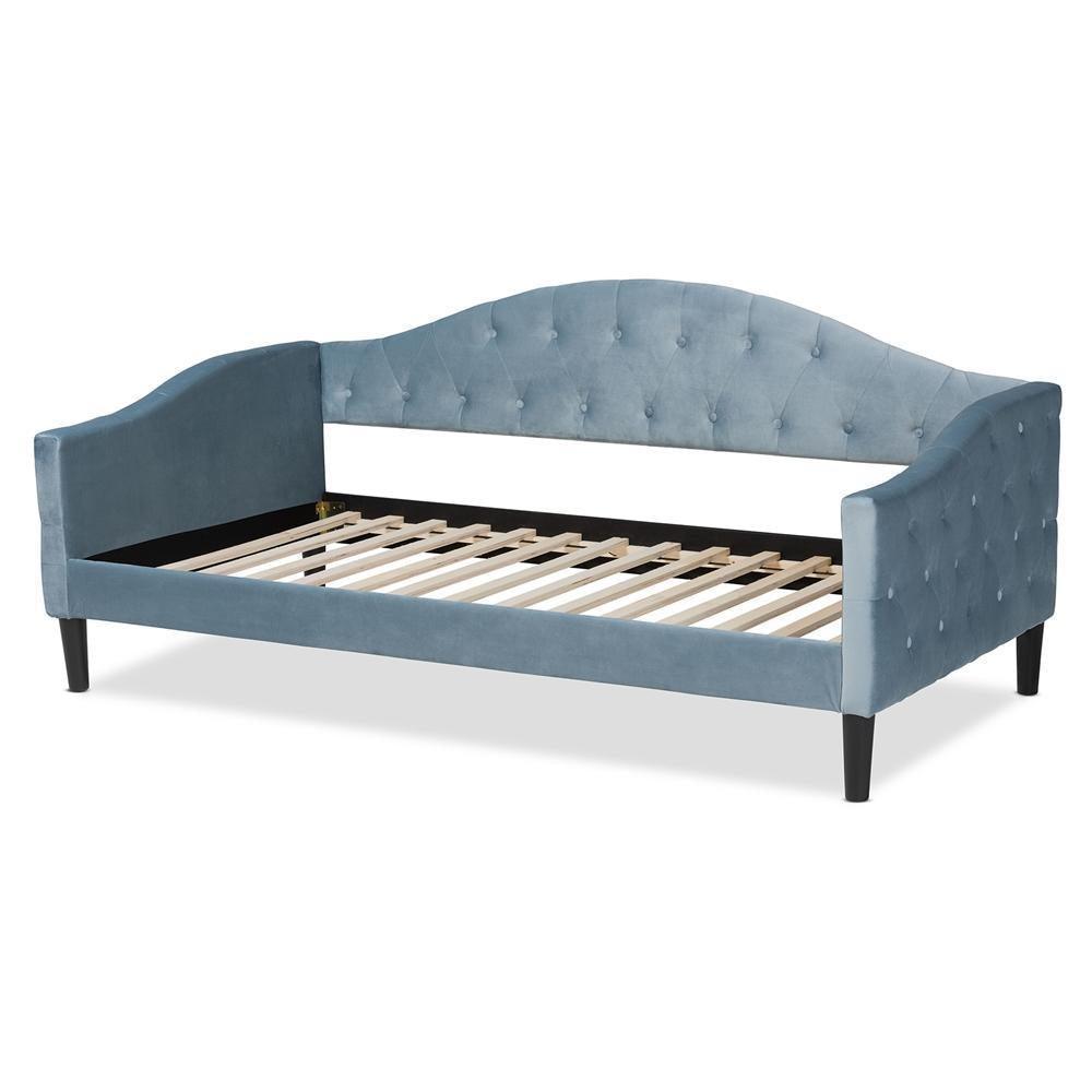 Benjamin Modern and Contemporary Light Blue Velvet Fabric Upholstered and Dark Brown Finished Wood Full Size Daybed FredCo