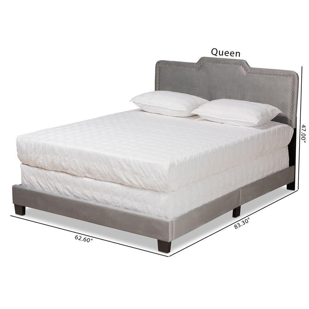 Benjen Modern and Contemporary Glam Grey Velvet Fabric Upholstered Full Size Panel Bed FredCo