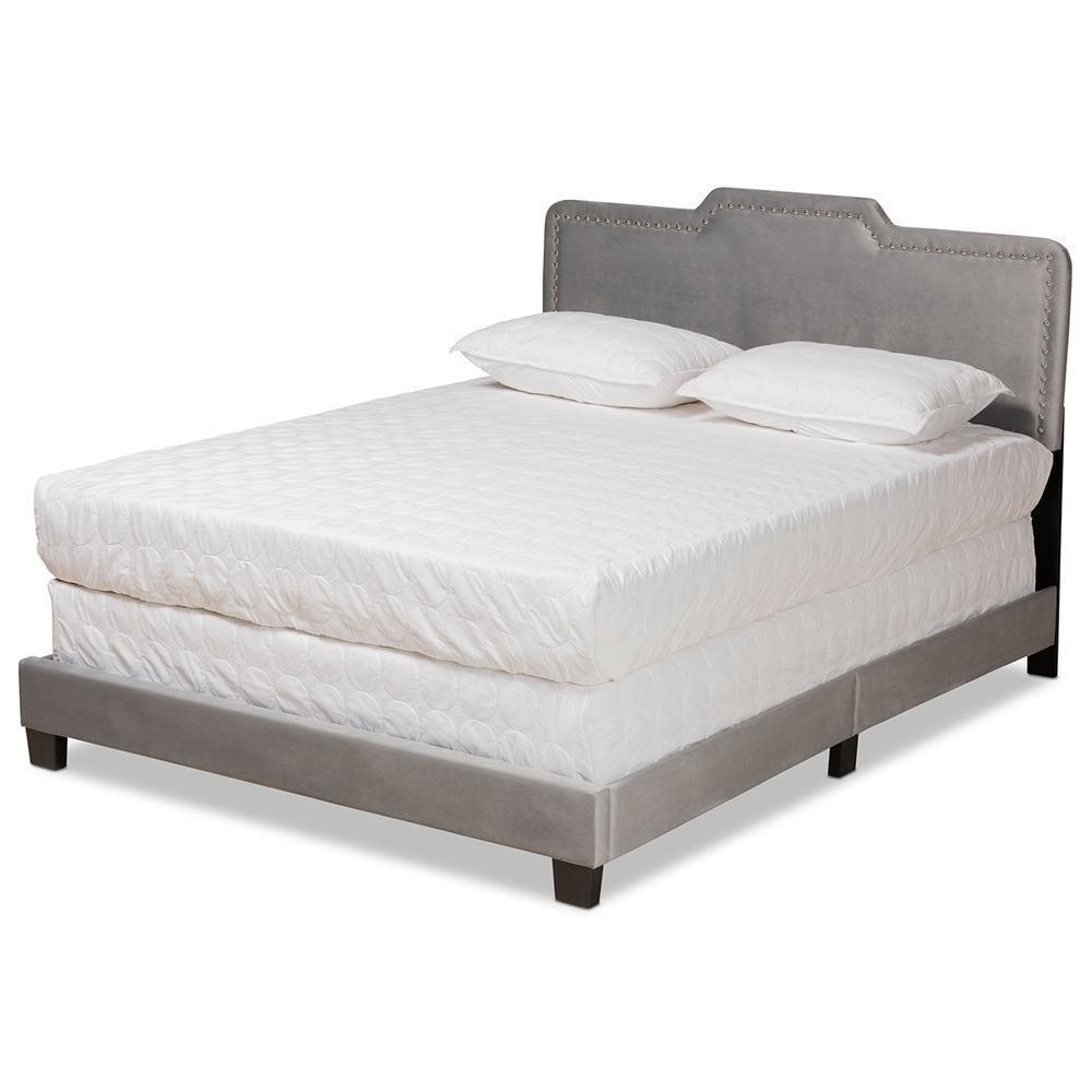 Benjen Modern and Contemporary Glam Grey Velvet Fabric Upholstered Full Size Panel Bed FredCo