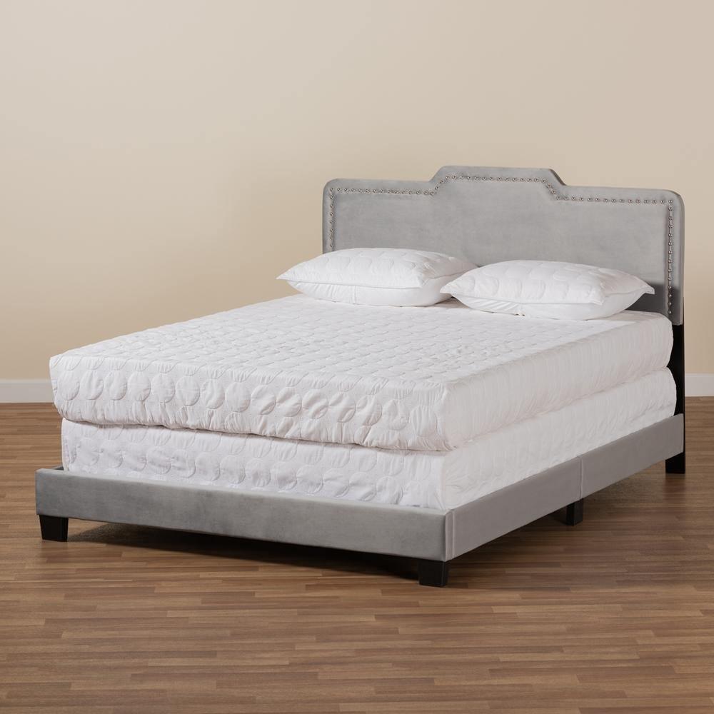 Benjen Modern and Contemporary Glam Grey Velvet Fabric Upholstered Full Size Panel Bed FredCo