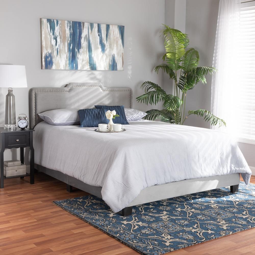 Benjen Modern and Contemporary Glam Grey Velvet Fabric Upholstered Full Size Panel Bed FredCo