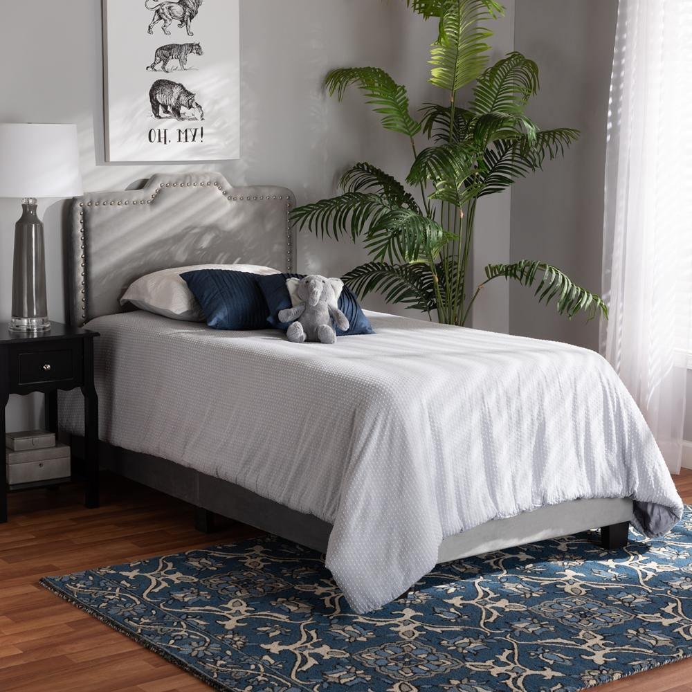 Benjen Modern and Contemporary Glam Grey Velvet Fabric Upholstered Twin Size Panel Bed FredCo
