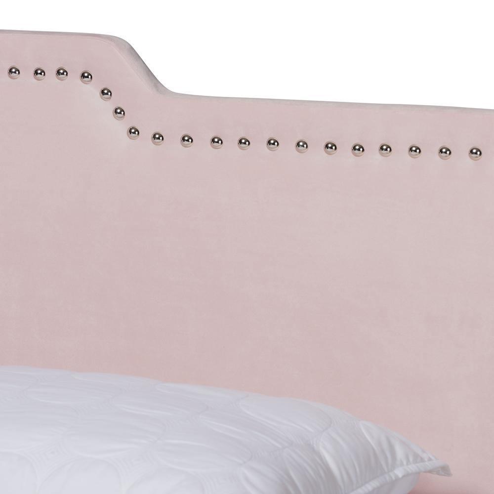 Benjen Modern and Contemporary Glam Light Pink Velvet Fabric Upholstered Queen Size Panel Bed FredCo