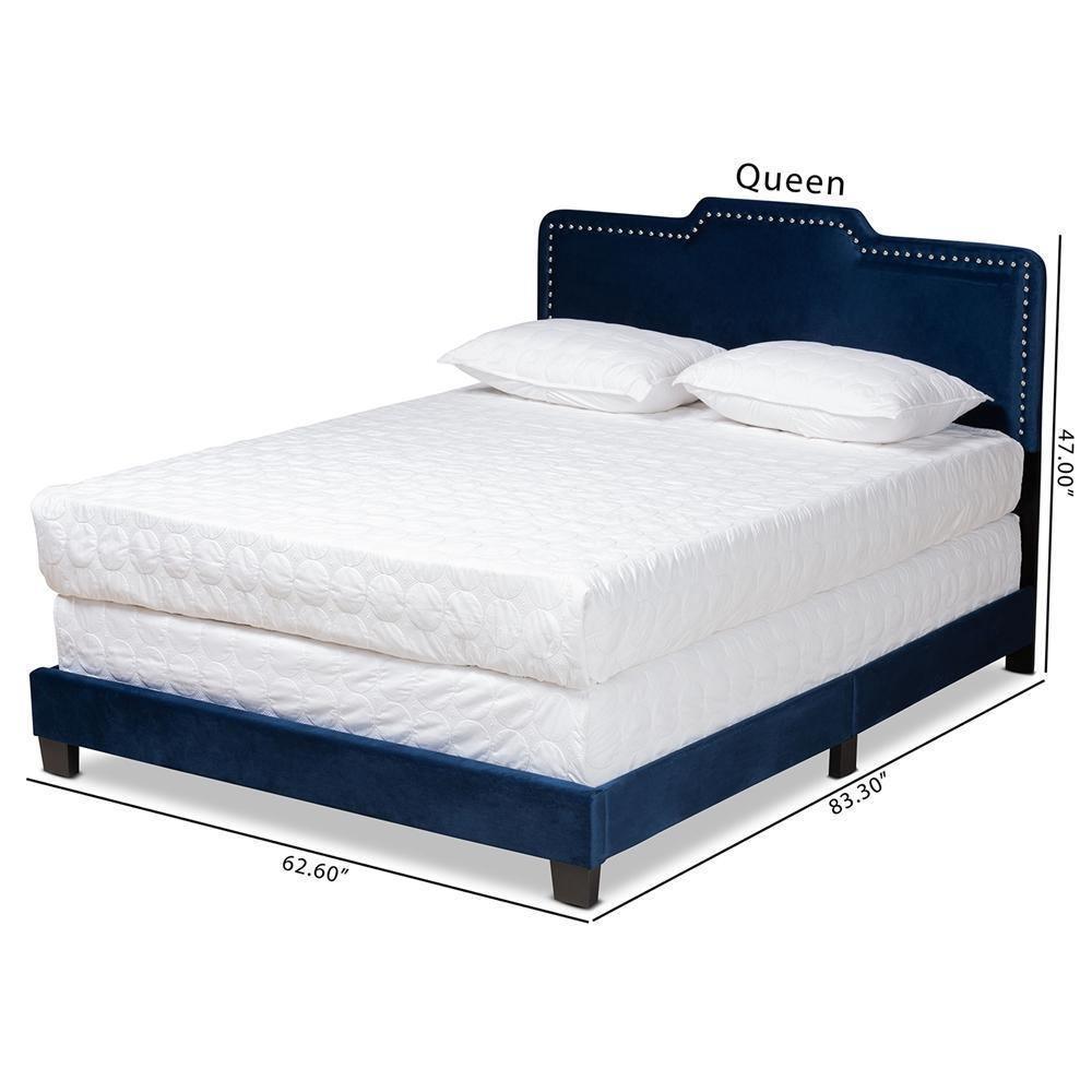 Benjen Modern and Contemporary Glam Navy Blue Velvet Fabric Upholstered Full Size Panel Bed FredCo