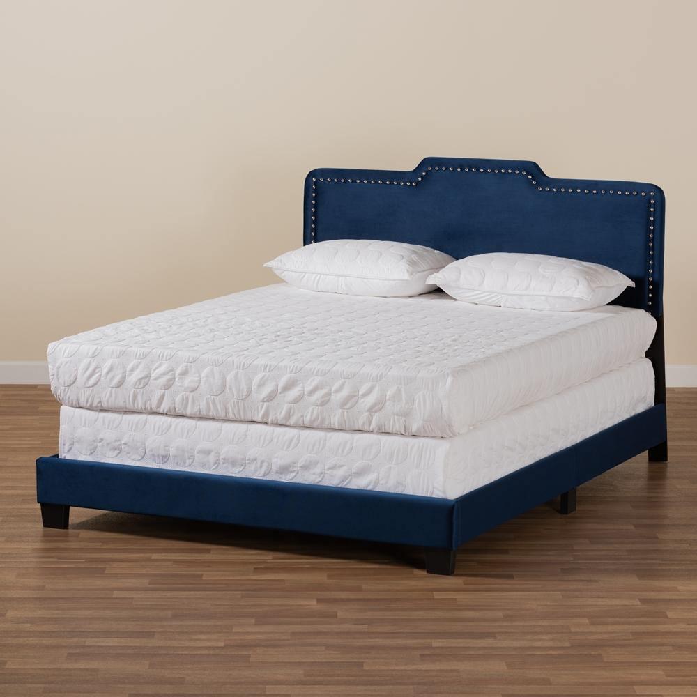 Benjen Modern and Contemporary Glam Navy Blue Velvet Fabric Upholstered Full Size Panel Bed FredCo