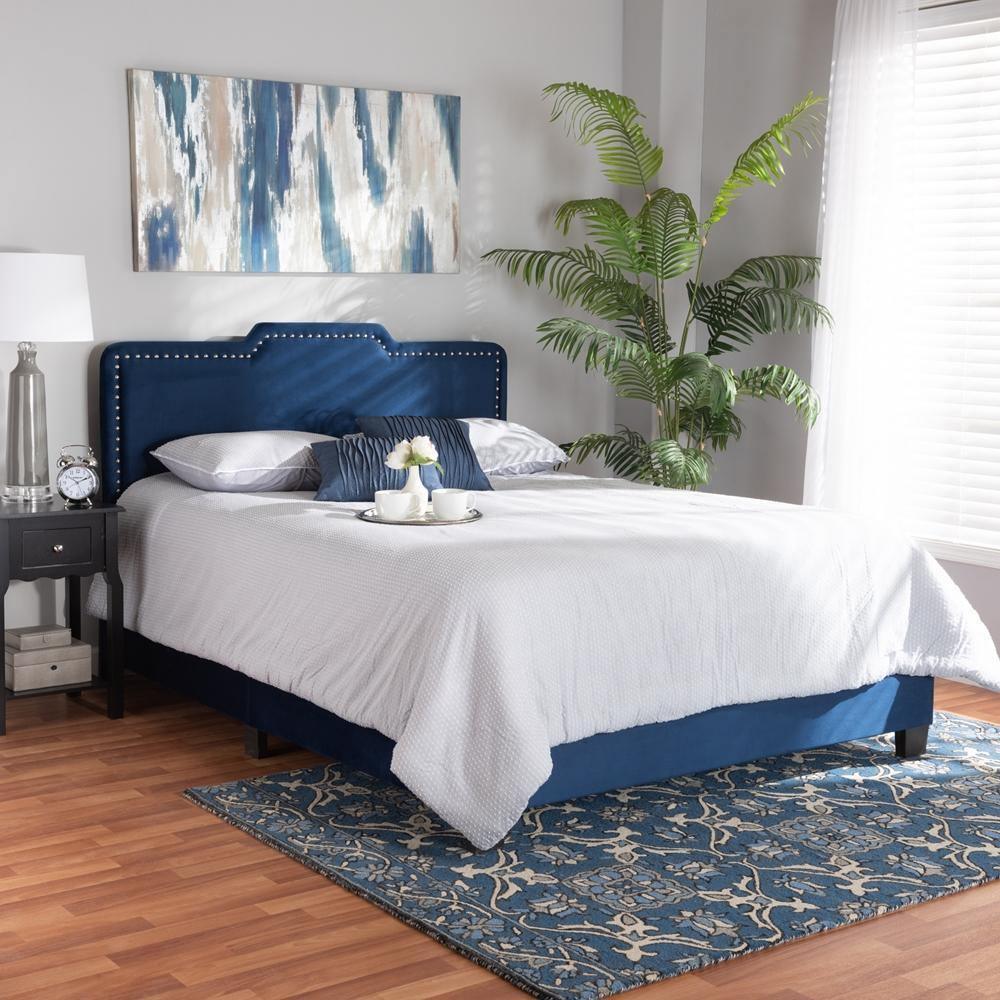 Benjen Modern and Contemporary Glam Navy Blue Velvet Fabric Upholstered Full Size Panel Bed FredCo