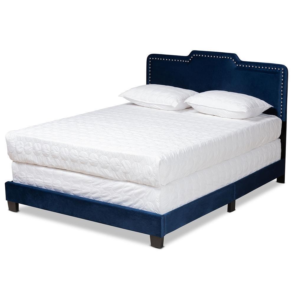 Benjen Modern and Contemporary Glam Navy Blue Velvet Fabric Upholstered Full Size Panel Bed FredCo
