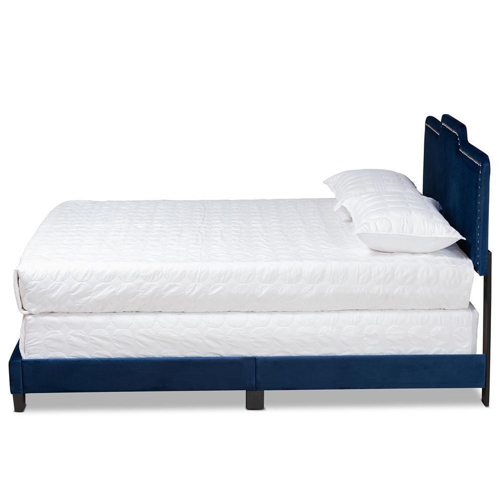 Benjen Modern and Contemporary Glam Navy Blue Velvet Fabric Upholstered Full Size Panel Bed FredCo