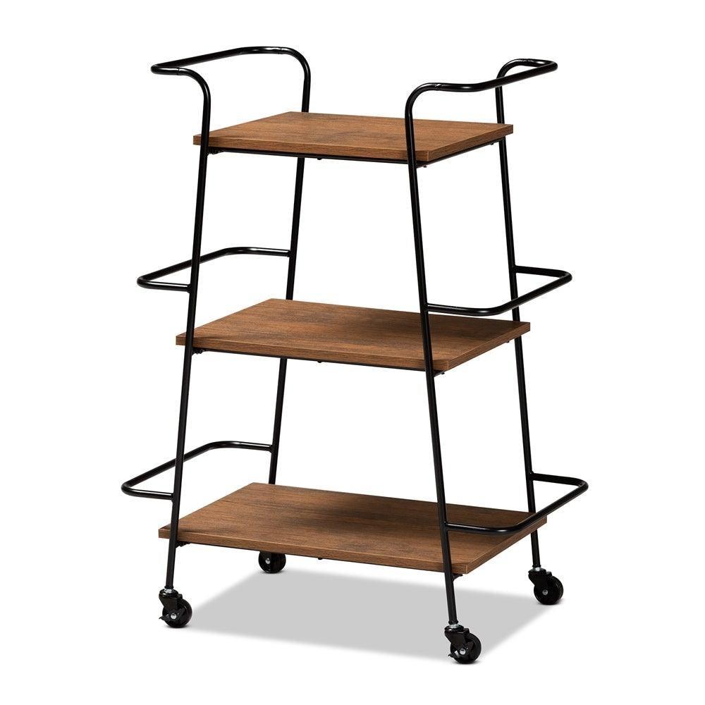 Bernard Rustic Industrial Black Metal and Walnut Finished Wood 3-Tier Small Mobile Wine Bar Cart FredCo