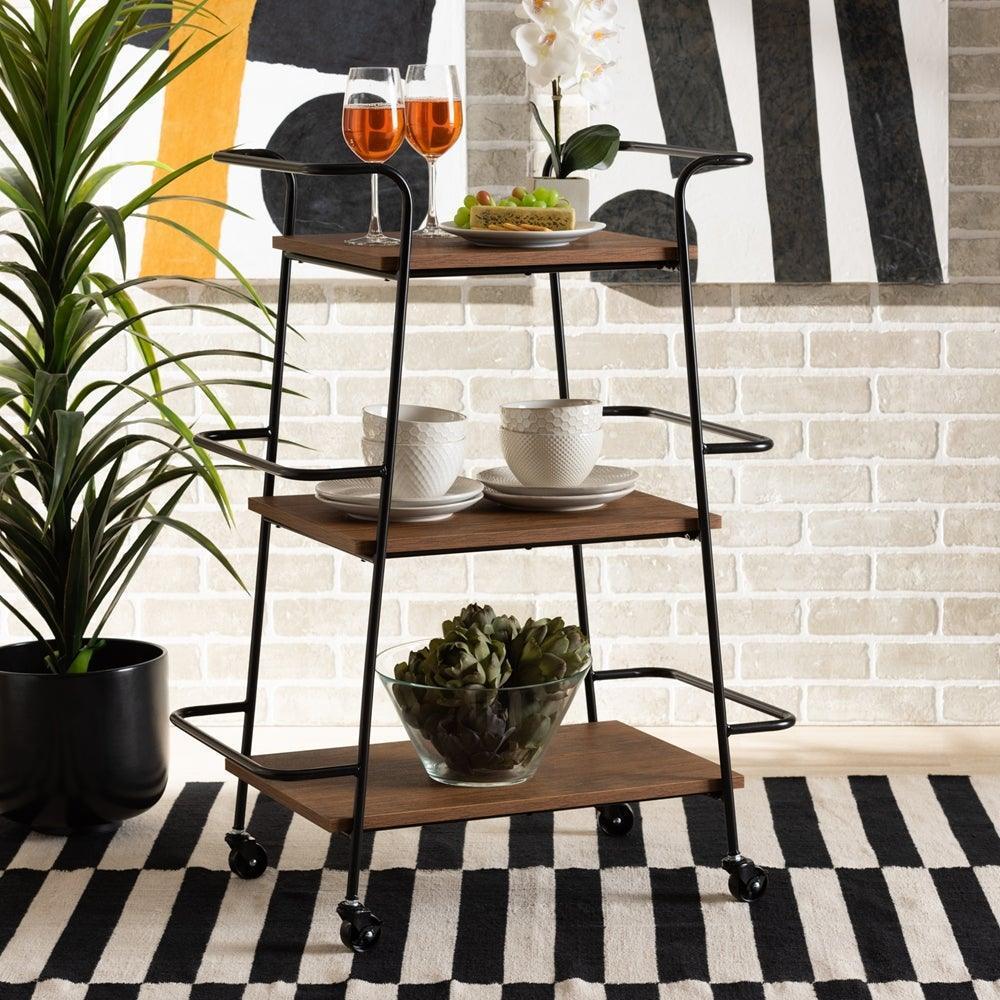Bernard Rustic Industrial Black Metal and Walnut Finished Wood 3-Tier Small Mobile Wine Bar Cart FredCo