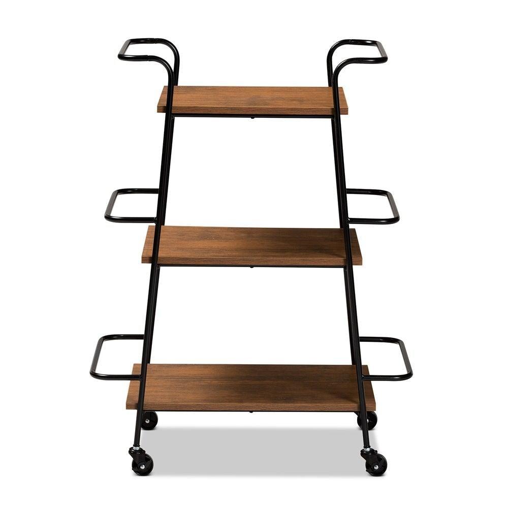 Bernard Rustic Industrial Black Metal and Walnut Finished Wood 3-Tier Small Mobile Wine Bar Cart FredCo