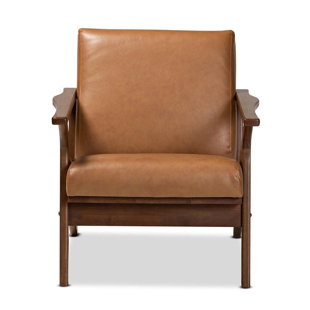Bianca Mid-Century Modern Walnut Brown Finished Wood and Tan Faux Leather Effect Lounge Chair FredCo