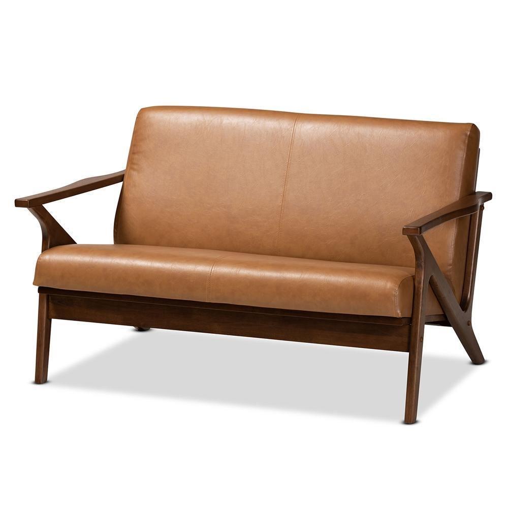 Bianca Mid-Century Modern Walnut Brown Finished Wood and Tan Faux Leather Effect Loveseat FredCo