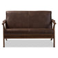Bianca Mid-Century Modern Walnut Wood Dark Brown Distressed Faux Leather 2-Seater Loveseat FredCo