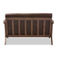 Bianca Mid-Century Modern Walnut Wood Dark Brown Distressed Faux Leather 2-Seater Loveseat FredCo