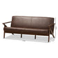 Bianca Mid-Century Modern Walnut Wood Dark Brown Distressed Faux Leather 3-Seater Sofa FredCo