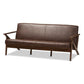 Bianca Mid-Century Modern Walnut Wood Dark Brown Distressed Faux Leather 3-Seater Sofa FredCo