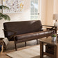 Bianca Mid-Century Modern Walnut Wood Dark Brown Distressed Faux Leather 3-Seater Sofa FredCo