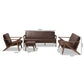 Bianca Mid-Century Modern Walnut Wood Dark Brown Distressed Faux Leather Livingroom Sofa Set FredCo