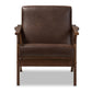 Bianca Mid-Century Modern Walnut Wood Dark Brown Distressed Faux Leather Lounge Chair FredCo