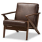 Bianca Mid-Century Modern Walnut Wood Dark Brown Distressed Faux Leather Lounge Chair FredCo