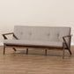Bianca Mid-Century Modern Walnut Wood Light Grey Fabric Tufted 3-Seater Sofa FredCo