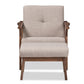 Bianca Mid-Century Modern Walnut Wood Light Grey Fabric Tufted Lounge Chair And Ottoman Set FredCo