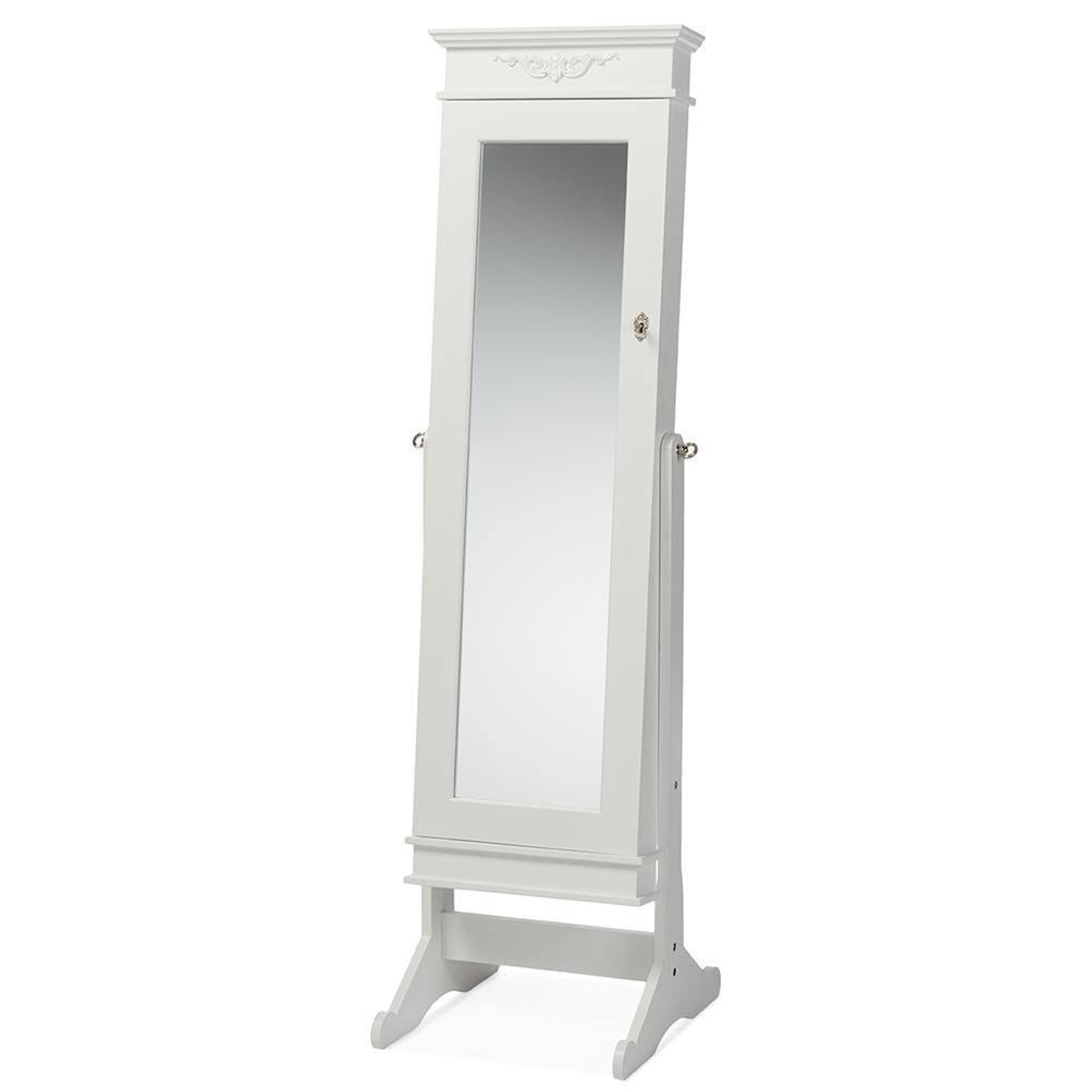 Bimini White Finish Wood Crown Moulding Top Free Standing Full Length Cheval Mirror Jewelry Armoire FredCo