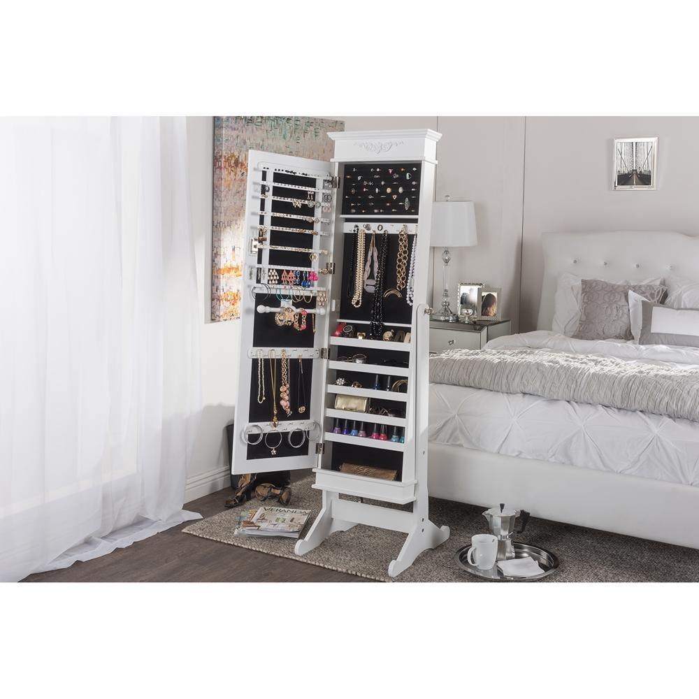 Bimini White Finish Wood Crown Moulding Top Free Standing Full Length Cheval Mirror Jewelry Armoire FredCo