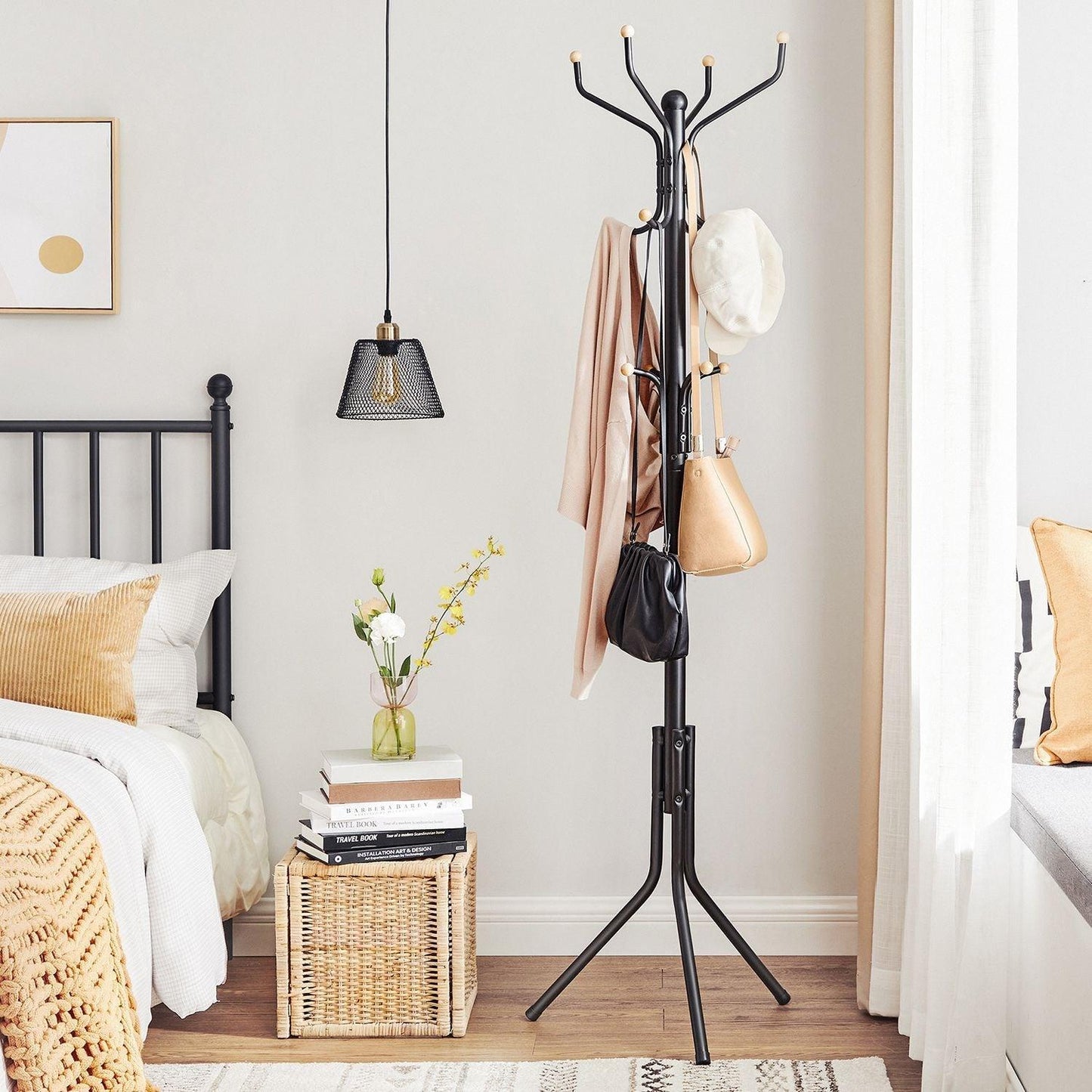 Black Coat Rack Freestanding with 12 Hooks, Entryway FredCo