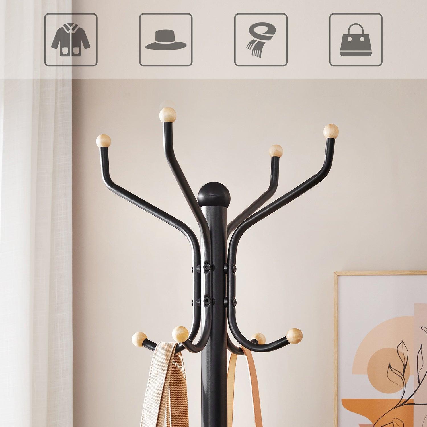 Black Coat Rack Freestanding with 12 Hooks, Entryway FredCo