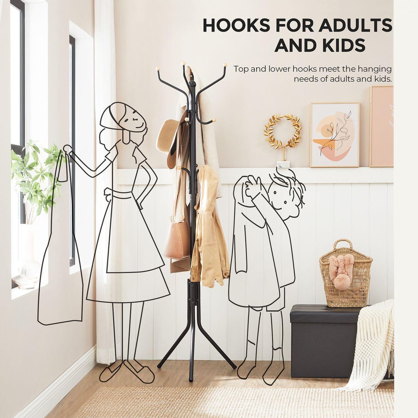 Black Coat Rack Freestanding with 12 Hooks, Entryway FredCo