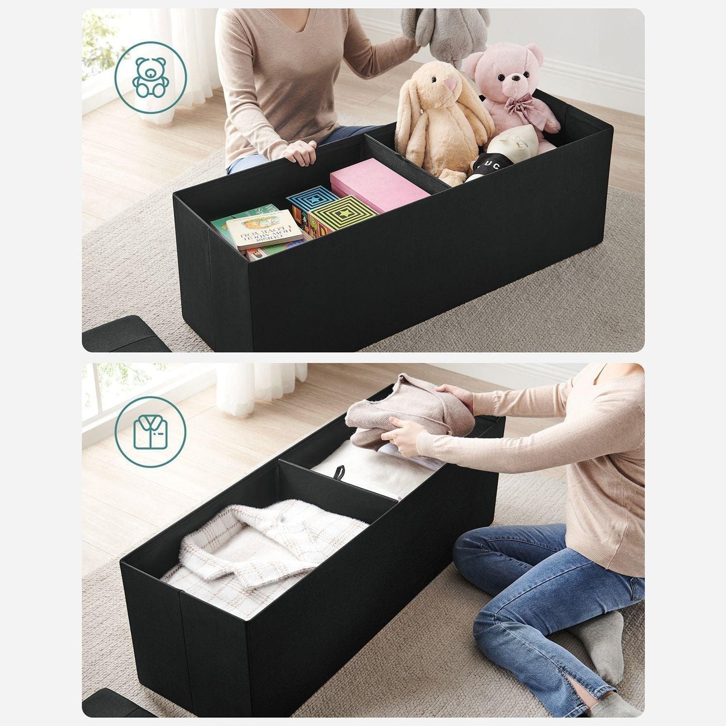 Black Folding Storage Ottoman Bench, 43 Inches FredCo