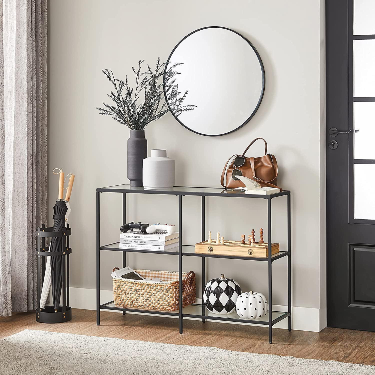 Black Frame Glass Console Table with Shelves FredCo