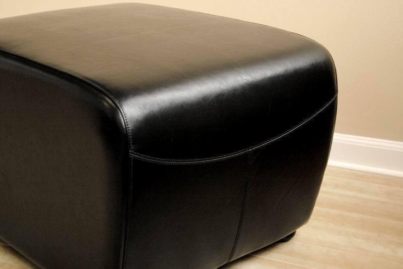 Black Full Leather Ottoman with Rounded Sides FredCo