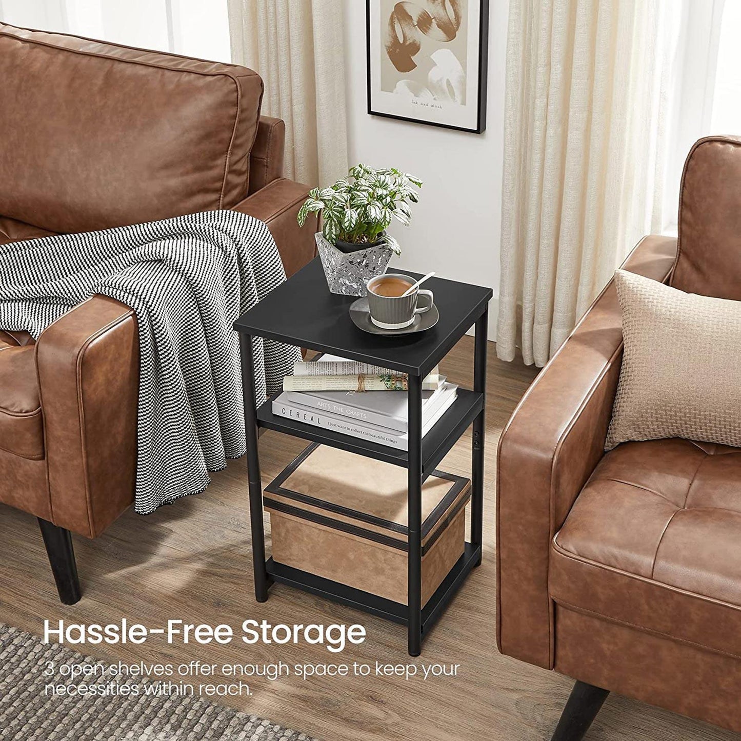 Black Side Table with Storage Shelves FredCo