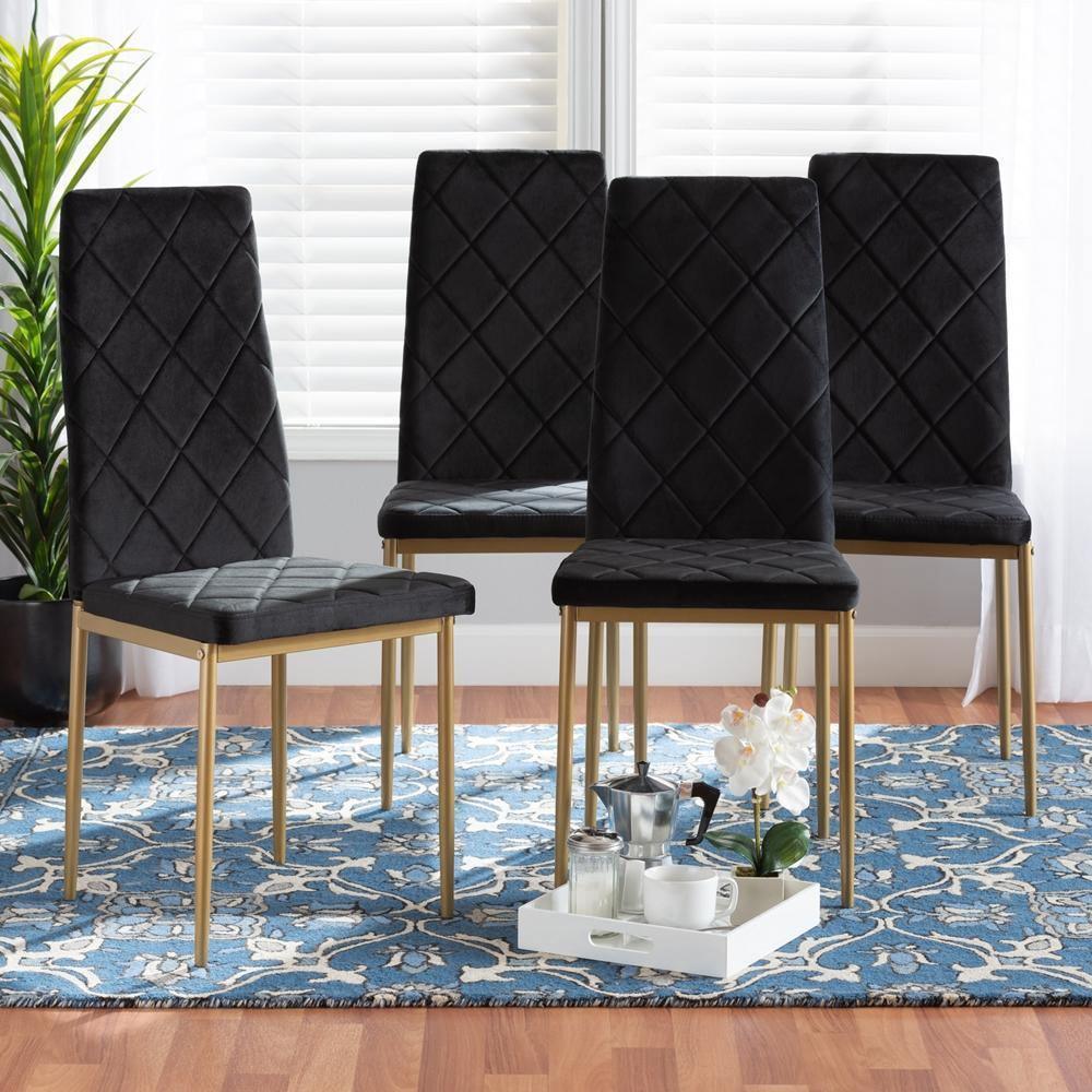 Blaise Modern Luxe and Glam Black Velvet Fabric Upholstered and Gold Finished Metal 4-Piece Dining Chair Set FredCo