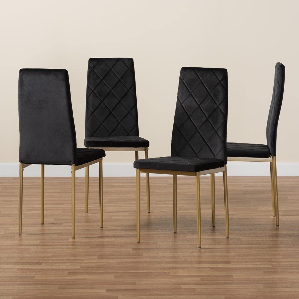Blaise Modern Luxe and Glam Black Velvet Fabric Upholstered and Gold Finished Metal 4-Piece Dining Chair Set FredCo