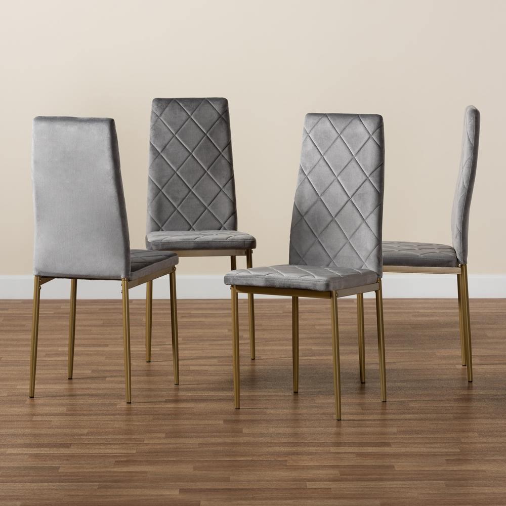 Blaise Modern Luxe and Glam Grey Velvet Fabric Upholstered and Gold Finished Metal 4-Piece Dining Chair Set FredCo