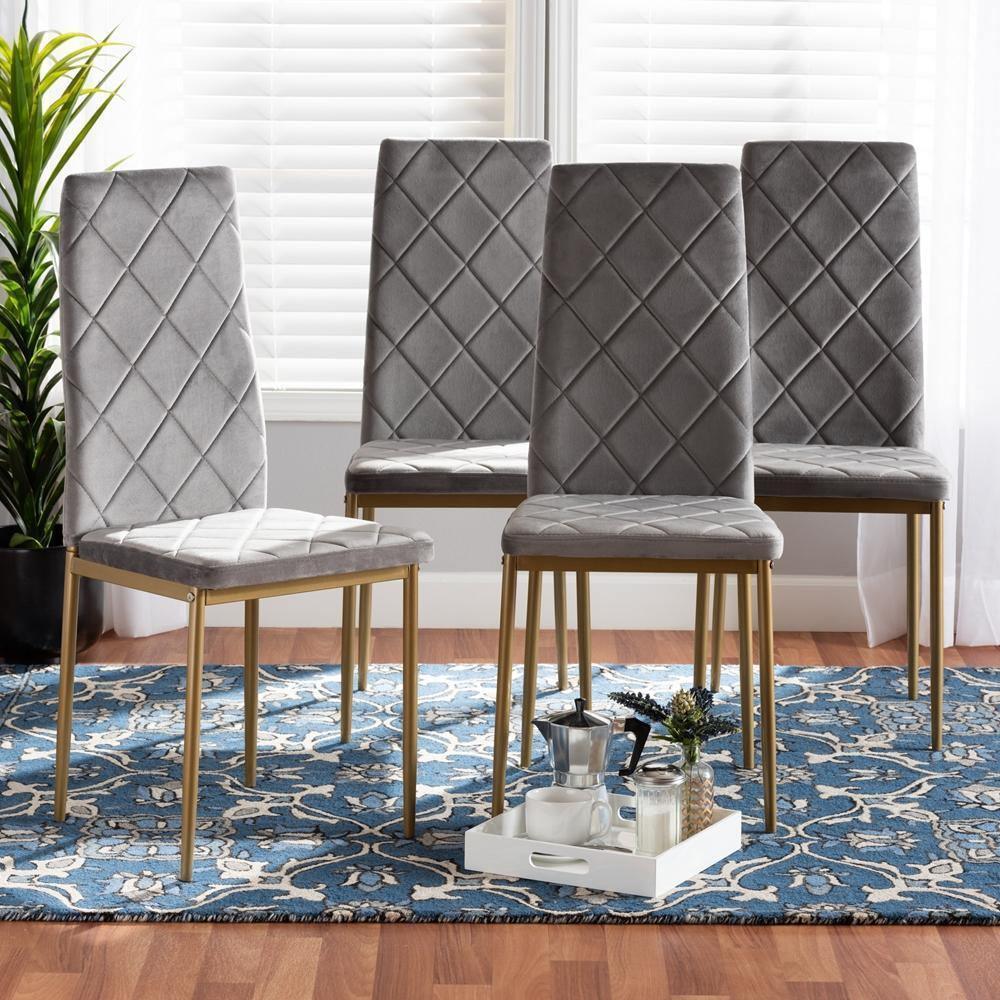 Blaise Modern Luxe and Glam Grey Velvet Fabric Upholstered and Gold Finished Metal 4-Piece Dining Chair Set FredCo
